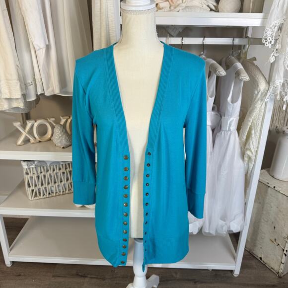 Zenana Women's Size L Turquoise Blue Brass Button Up Cardigan Sweater #3515 - Picture 1 of 8